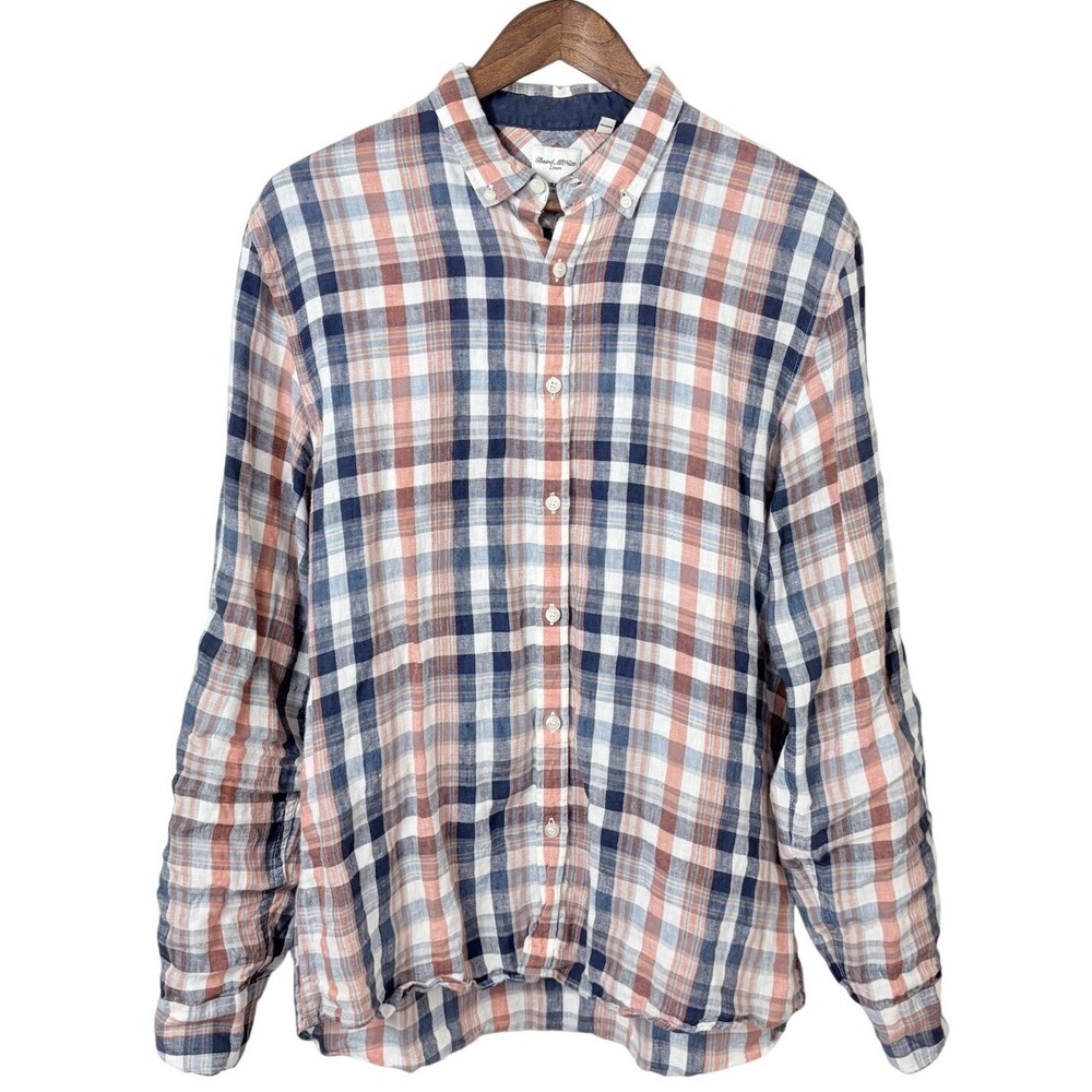 Baird McNutt Mens Linen Shirt Murano Slim Fit Blue Orange Plaid Button Up‎ Large